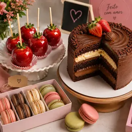 Doces gourmet para vender: morango do amor, macarons e bolo recheado