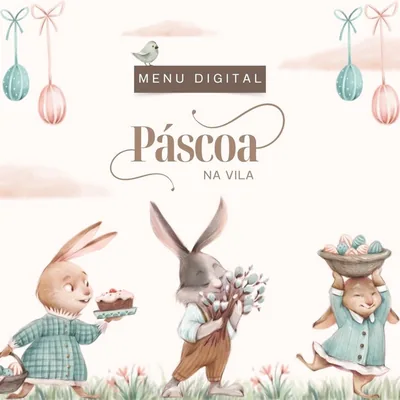 Capa de Menu Digital Páscoa na Vila (Editável no Canva)