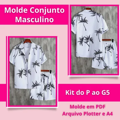 Capa de Molde Conjunto Masculino: Camisa e Bermuda, P ao Plus Size