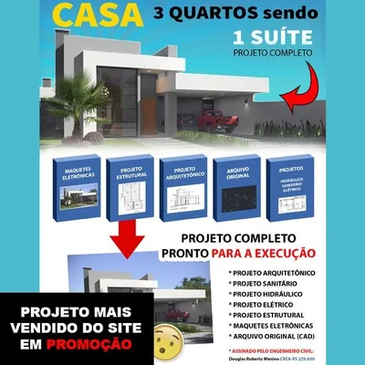 Capa de Projeto Completo de Casa com 3 Quartos e 1 Suíte